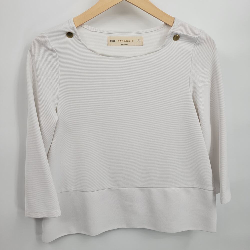 Zara Knit S White Top Blouse Tunic Relaxed 3/4 Length Sleeve Scoop